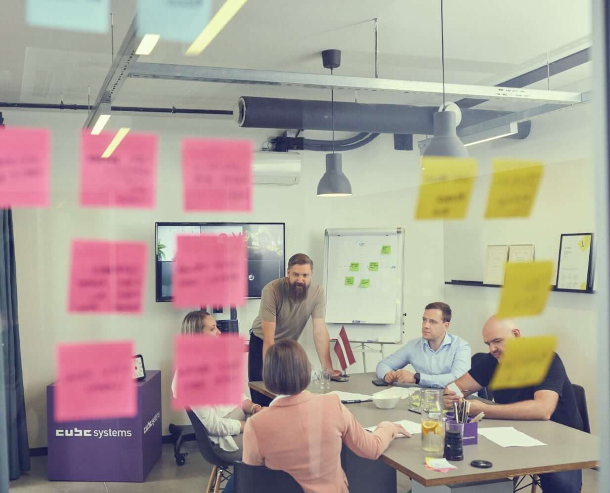 Planning in workshop, people around the table, post-in notes on the wall